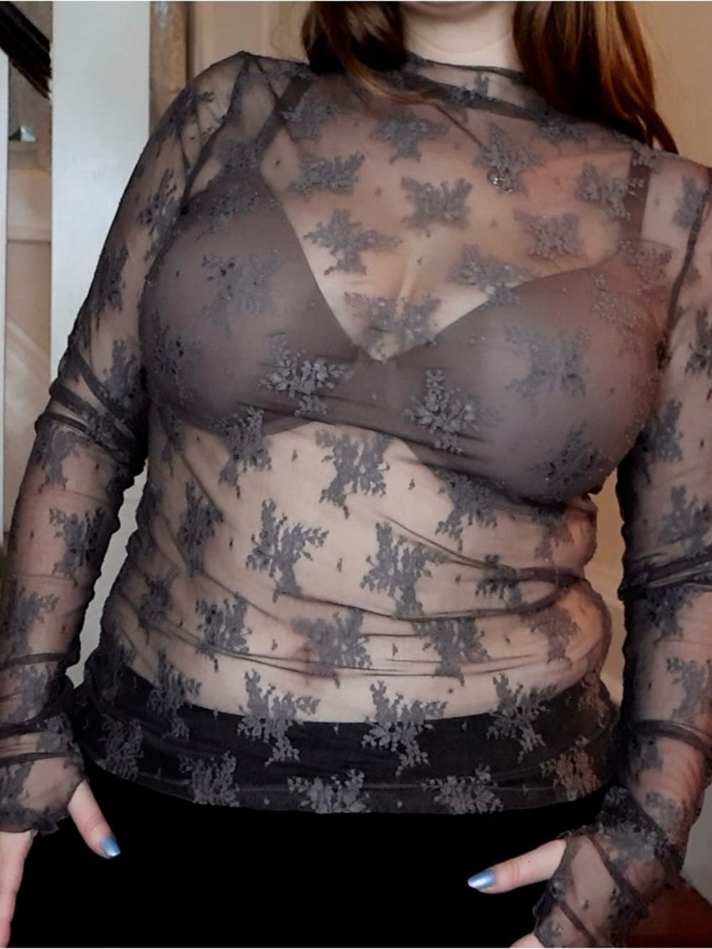 Free People Lavender Floral Lace Long Sleeve Top
